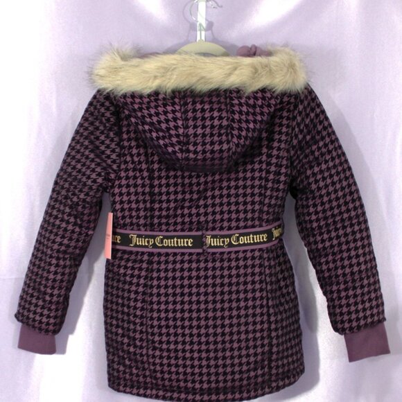 Juicy Couture Girls Hooded Puffer Coat NWT Faux Fur Trim Belted 10/12 - Picture 2 of 8